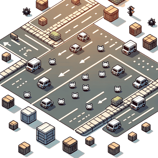 UMA rua de dia com caixas na estrada com bolinha pretas com chifres branco pequenos,jogo 2d.
Single Game Texture. In-Game asset. 2d. Blank background. High contrast. No shadows.