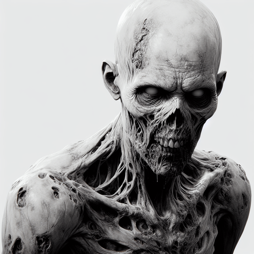 A scary zombie.
Single Game Texture.  In-Game asset.  2d.  Blank background.  High contrast.  No shadows
