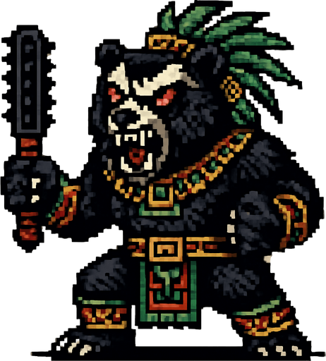 Genérame una Oso de Anteojos guerrero azteca con eso patrones, estilo pixelar, con una apariencia maligna, ojos rojos, rabioso. Unidad cuerpo a cuerpo.
In-Game asset.  2d.  High contrast.  No shadows