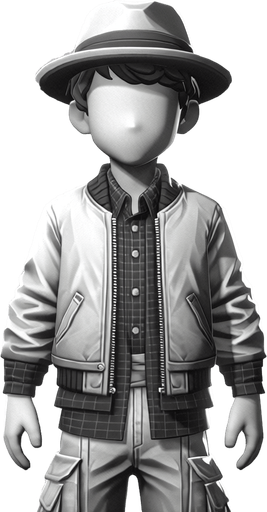 A boy with jacket hat and shirt pants.
Single Game Texture. In-Game asset. 2d. Blank background. High contrast. No shadows.