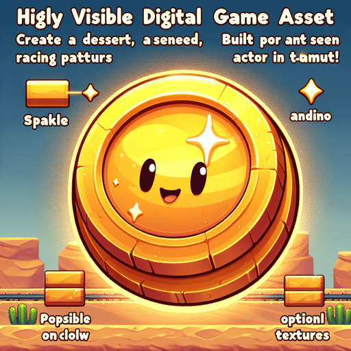 I need a 2D coin asset for my street racing game on the UPIT FRVR platform. Please provide:

A collectible coin with a shiny, gold appearance

Optional details: glow, sparkle, or animation frame for spinning

It should be easily visible on the road, with good contrast on desert backgrounds

Scalable and loopable for pickup patterns

Style: cartoony or arcade-friendly, matching fast-paced racing gameplay.
Single Game Texture.  In-Game asset.  2d.  Blank background.  High contrast.  No shadows