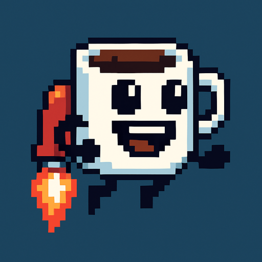 una tasa de cafe caricaturesca de pixeles con un jet pak.
In-Game asset.  2d.  High contrast.  No shadows