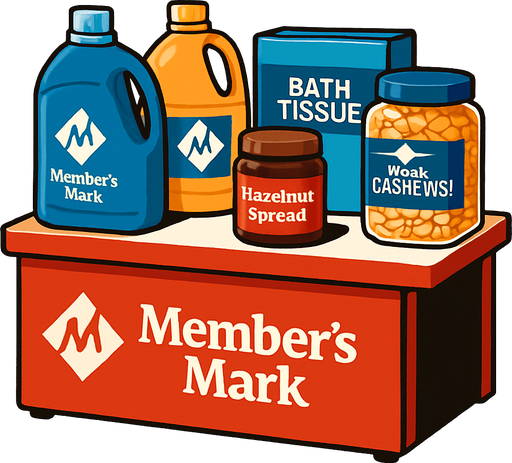 Una mesa de un demostrados, con productos members mark..
In-Game asset.  High contrast.  No shadows