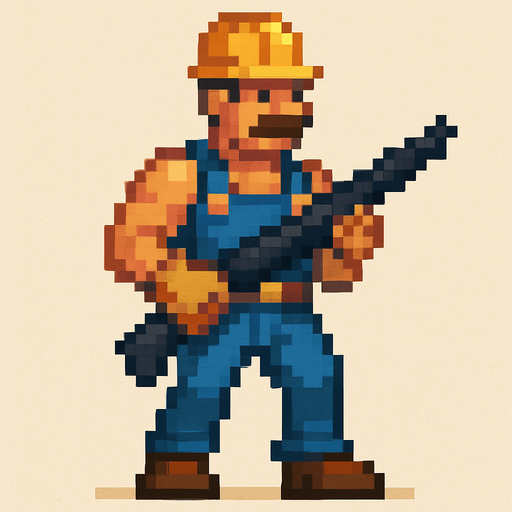 un hombre obrero hecho con pixeles de cuerpo completo sosteniendo un arma