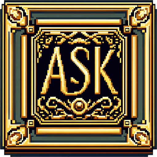 "ASK" sign with brass frame. Edwardian era style. Full color pixel art..
Single Game Texture. In-Game asset. 2d. Blank background. High contrast. No shadows.