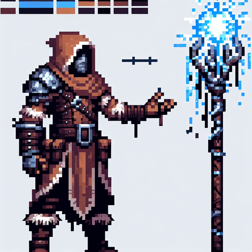 orc mage, leather armor, staff with glowing crystal with freezing power. front facing, arms and legs clearly visible, wearing a hood made of cloth..
Single Game Texture.  In-Game asset.  2d.  Blank background.  High contrast.  No shadows, 16 bit pixel art