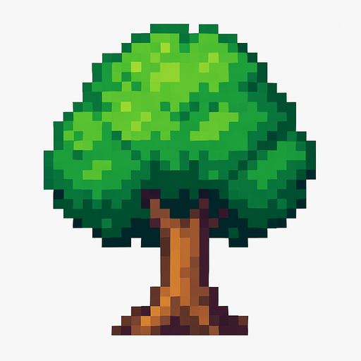 this is a tree but pixel art style. No background. Transparent background. Blank background. No shadows. 2d. In-Game asset. flat