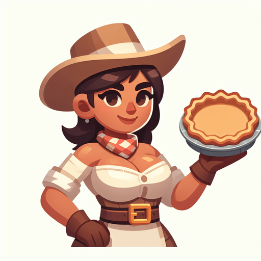 upper torso of a western cartoon barladygetting ready to throw a pie. front view.
Single Game Texture. In-Game asset. 2d. Blank background. High contrast. No shadows.