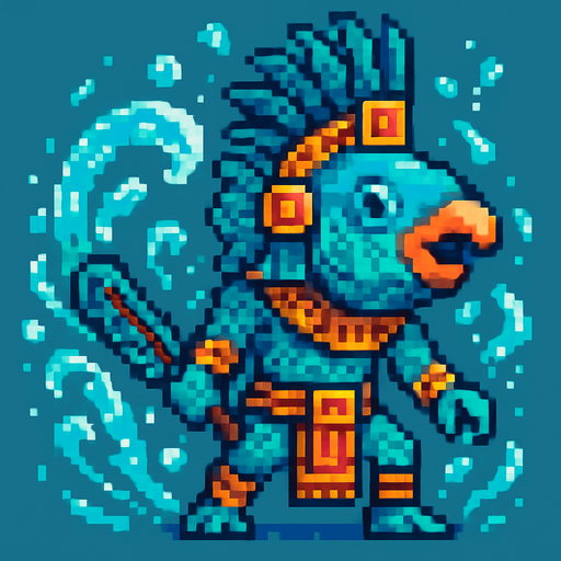 Generame un guerrero azteca con patrones, estilo pixelar, además será una Pez loro, con efectos de AGUA.
In-Game asset.  2d.  High contrast.  No shadows