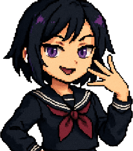 A charming anime-style girl rendered in delightful Pixel Art, featuring an emo aesthetic, striking purple eyes, and a classic Japanese school uniform (sailor fuku).

She confidently strikes the iconic “Ojou-sama pose”:
Her left hand is elegantly lifted near her face, fingers gracefully splayed like a fan, perfectly framing her smug expression.

Her face bears a tilted, self-assured smile, the kind that practically echoes a soft, aristocratic “Ohoho~” laugh. One eyebrow arches subtly, radiating playful confidence and a touch of superiority.

Her right hand rests casually near her waist, loosely clenched into a relaxed fist — an anchor for her graceful yet dominant posture.

Behind her stretches the polished hallway of a Japanese school, complete with sliding doors and sunlit windows, completing the scene with a nostalgic, everyday charm — all captured in the cozy, detailed charm of Pixel Art.