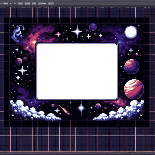 Pixelart. An interface element which is the empty frame for an in-game shop item in the in game shop. with a space theme..
Single Game Texture. In-Game asset. 2d. Blank background. High contrast. No shadows.