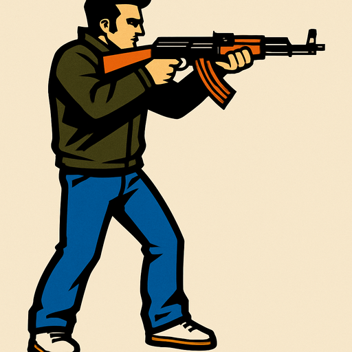 claude speed de gta 3 apuntando con una ak47 desde una perspectiva lateral de cuerpo completo
In-Game asset.  2d.  High contrast.  No shadows