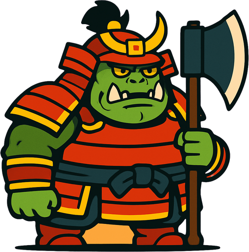 side scroller image fat orc samurai front holding big axe.
In-Game asset.  2d.  High contrast.  No shadows