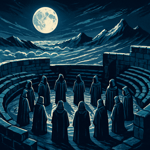 A mountaintop stone amphitheater under a glowing full moon, robed figures in a ritual circle, icy wind sweeping, high above the clouds, solemn medieval council scene, realistic.
In-Game asset.  2d.  High contrast.  No shadows