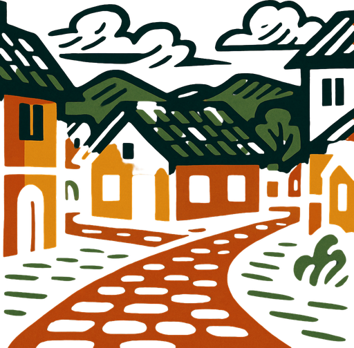 Un pueblo con casa y un piso café jojo's.
In-Game asset.  2d.  High contrast.  No shadows