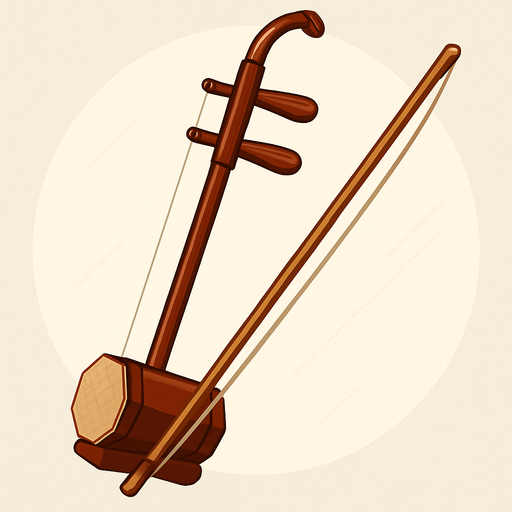 A clean 2D illustration of a traditional Chinese erhu string instrument, showing the bow and curved neck. Stylized with soft shadows, light highlights, and a transparent rounded background for use in educational games..
In-Game asset.  2d.  High contrast.  No shadows