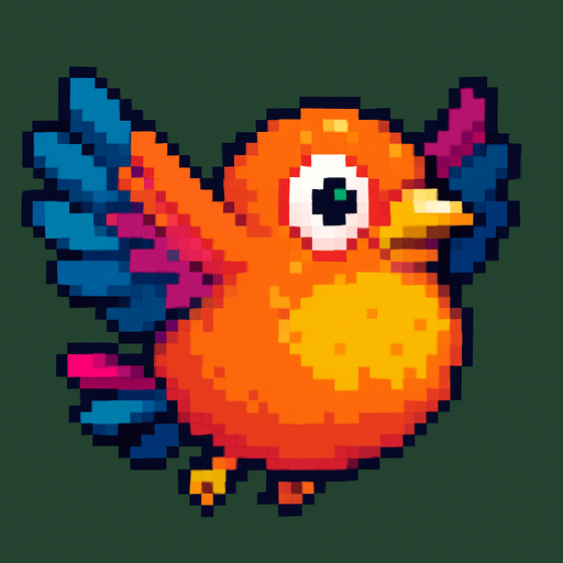 Big fat flaying bird ( Piksel art). Colorful. Cute. 
In-Game asset.  2d.  High contrast.
