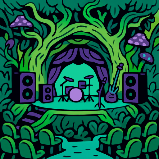 escenario de una Sala de Conciertos Viviente.
In-Game asset.  2d.  High contrast.  No shadows