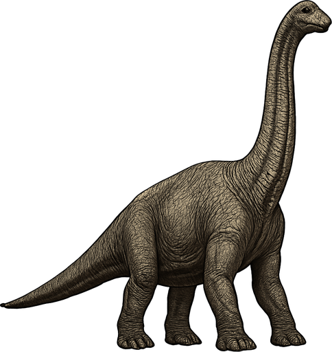 A realistic Brachiosaurus dinosaur standing tall on a transparent background. It has a long neck raised high, with a relatively small head featuring gentle eyes and a rounded snout. The body is massive and bulky, covered with textured grayish-brown scales showing subtle wrinkles and muscle definition. Its front legs are noticeably longer than the hind legs, giving it a distinctive sloping back. The tail is thick and extends straight behind. The skin texture is rough with detailed scales, emphasizing the dinosaur’s grandeur and calm nature..
In-Game asset.  2d.  High contrast.  No shadows