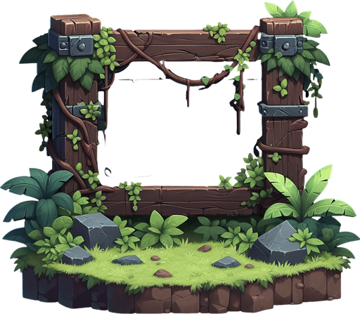 A dark wooden message board with vines and jungle moss growing on top..
Single Game Texture. In-Game asset. 2d. Blank background. High contrast. No shadows.