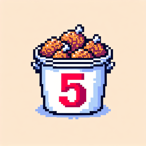 large KFC bucket with the digit 5 on it. pixelated. 8 bit.
Single Game Texture. In-Game asset. 2d. Blank background. High contrast. No shadows.