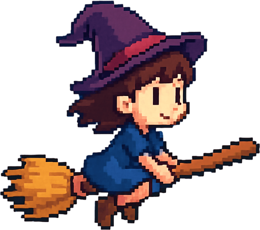 16 bit image litle girl ride flyng broom stick.
In-Game asset.  2d.