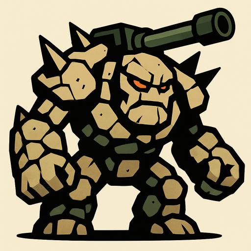 un golem de piedra grande con picos y con un cañon de tanque en la espalda.
In-Game asset.  2d.  High contrast.  No shadows