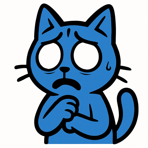 Un gato azul sin pupilas preocupado.
In-Game asset.  2d.  High contrast.  No shadows