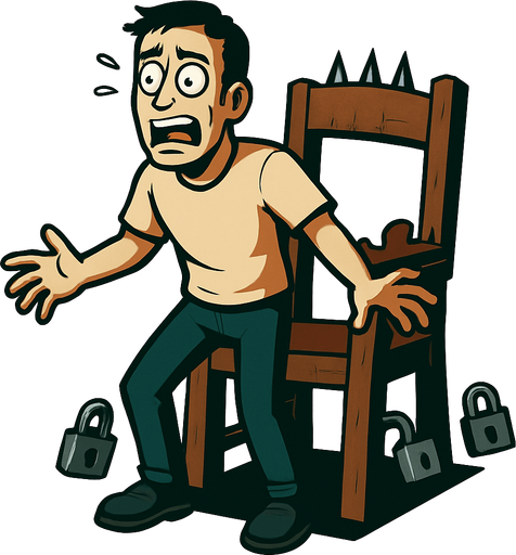 same pic of the chair with tied and 2 locks are on the sides of is woods they are opened and same person but the person is standed up and it's free from tiedes and shocked