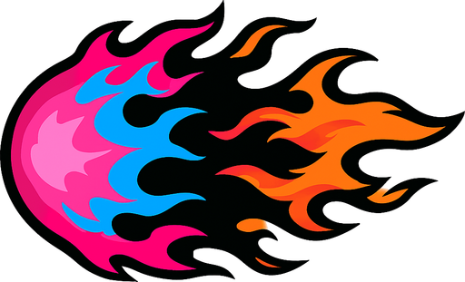 pink blue black and orange mixed horizontal fire ball.
In-Game asset.  2d.  High contrast.  No shadows