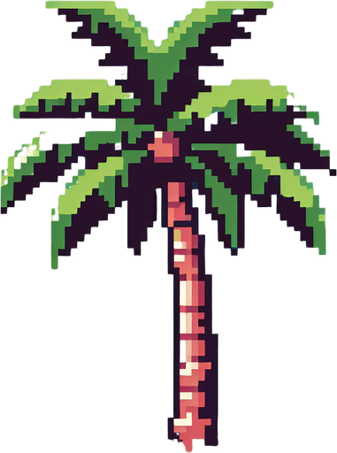 8bit. cartoon. palm tree..
Single Game Texture. In-Game asset. 2d. Blank background. High contrast. No shadows.