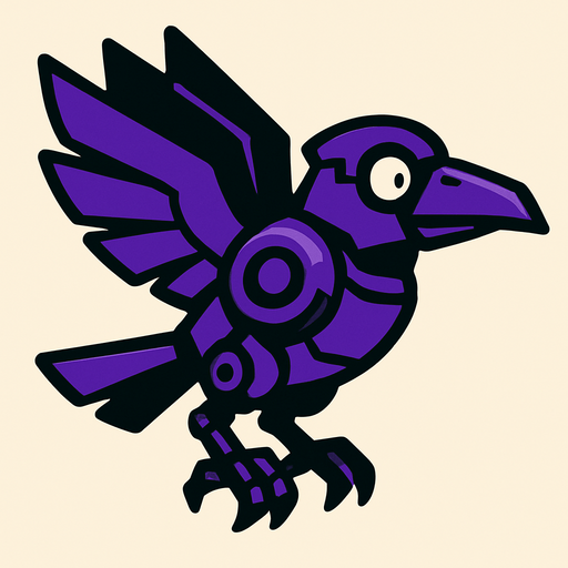 Crow robot morado volando.
In-Game asset.  2d.  High contrast.  No shadows