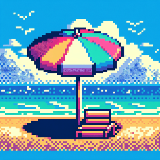 8bit. cartoon. umbrella beach..
Single Game Texture. In-Game asset. 2d. Blank background. High contrast. No shadows.