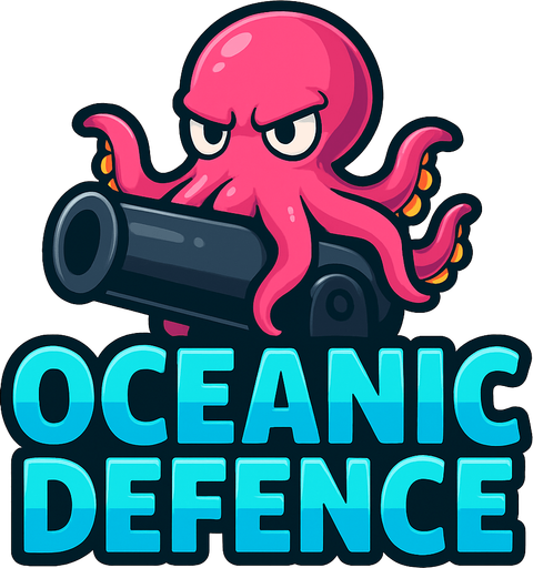 crea un titulo que diga oceanic defence con un pulplo detras de las letras que esta sentado en un cañon negro.
In-Game asset.  2d.  High contrast.  No shadows