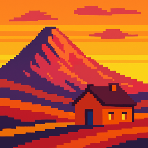 Montaña con casa en atardecer, pixelart.
In-Game asset.  2d.  High contrast.  No shadows