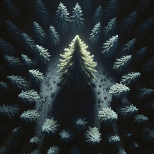 Photorealistic pine tree in night light, top view