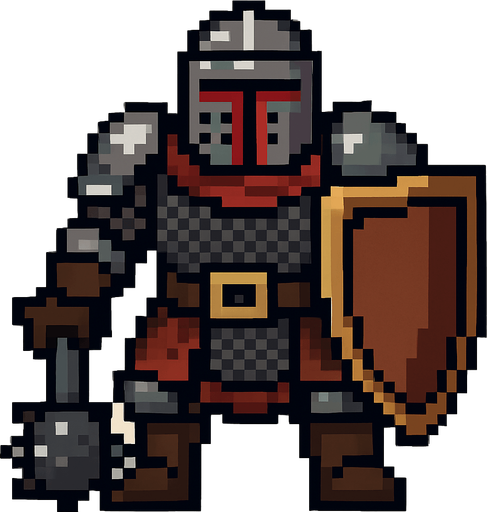 orta çağ ağır düşman pixel art.
In-Game asset.  2d.  High contrast.  No shadows