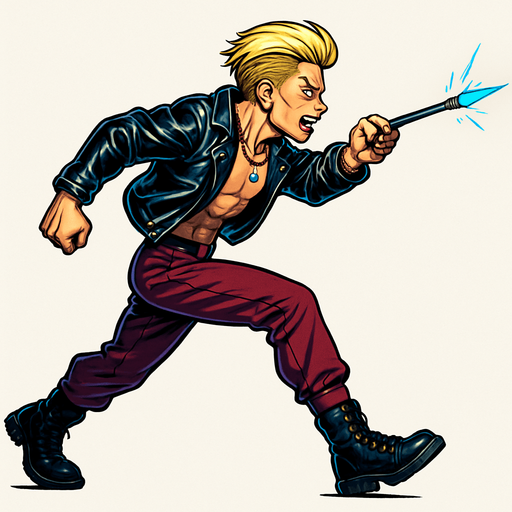 Cyberpunk manga, side profile view running animation frames, shiny black leather biker jacket longsleeves shirtless thin abs pecs necklaces gemstone tipped wand, action shot wand pointed straight in front arm extended wand casting spell fierce fashion pose animation blonde undercut pompadour, vampire fangs, wine red joggers, combat boots, Background removed, "Full-body character, entirely in frame, no cropping of face, head, or feet" "Complete character visible, from head to toe, fully centered in the image" "Entire character, including face and boots, fully within the frame" Character fully contained within a square frame, no edges cut off,