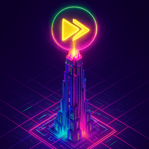 Top down isometric neon cyberpunk futuristic massive tower spire 3D fast forward symbol projection over top, agility, rapidness symbol yellows pinks greens vaporwave glowing hologram over top