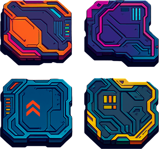 Futuer complicated floors. Cyberpunk. Abstract. separated. Different colors. HD colors.
In-Game asset.  2d.  High contrast.  No shadows