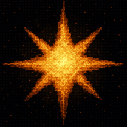 A realistic yellow star from the universe, in pixel art style.