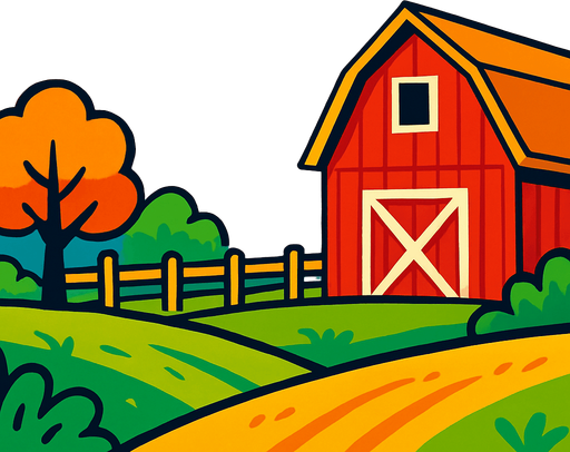 A vibrant cartoon-style background of a countryside scene with a barn, wooden fence, and wide blue sky, symbolizing American folk music. Add subtle music notes or banjo silhouette in the background. Export as a wide PN.
In-Game asset.  2d.  High contrast.  No shadows