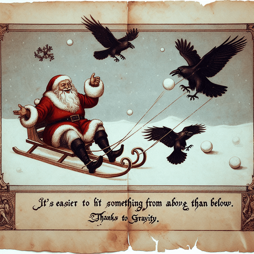 a pergament with santa on a sledge and his flying reindeers throwing a snowball to a raven. There is the text: "Its easier to hit something from above than below. Thanks to gravity."