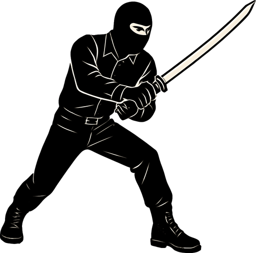 hombre con camisa negra de manga larga, pantalones negros, botas negras y guantes negros y un pasamontañas negro atacando con una katana con un mango negro.
In-Game asset.  2d.  High contrast.  No shadows