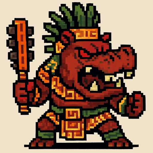 Genérame un hipopotamo guerrero azteca con eso patrones, estilo pixelar, con una apariencia maligna, ojos rojos, rabioso. Unidad cuerpo a cuerpo. Animal..
In-Game asset.  2d.  High contrast.  No shadows