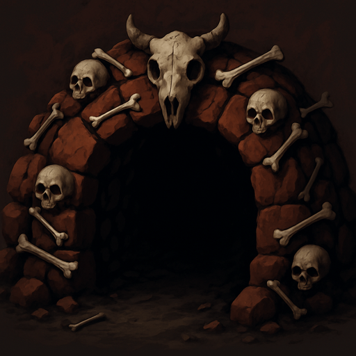 bu zindan girişini bir tık daha korkutucu göster mesela etrafındaki taşlarında üstünde kemikler en üst ortadaki taşında kemikten bir hayvvan başı gibi