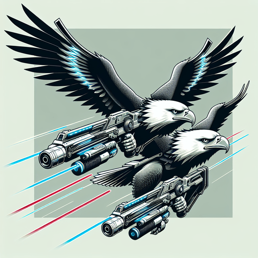 Eagles flying with laser guns..
Single Game Texture.  In-Game asset.  2d.  Blank background.  High contrast.  No shadows