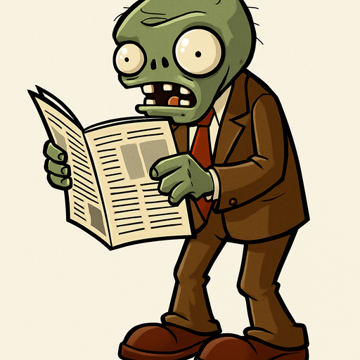 zombie leyendo un periodico con traje en cuerpo completo de pvz.
In-Game asset.  2d.  High contrast.  No shadows