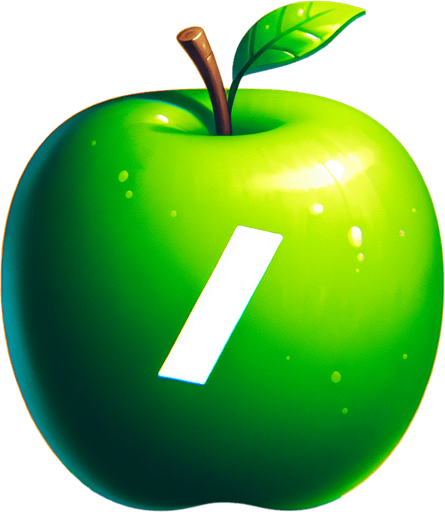 white " /" on a green apple.
Single Game Texture. In-Game asset. 2d. Blank background. High contrast. No shadows.