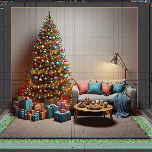 A cozy living room with a christmas tree, presents, snacks, ornaments and everythning in place for christmas. Single Game Texture. In-Game asset. 2d. Blank background. High contrast. No shadows.